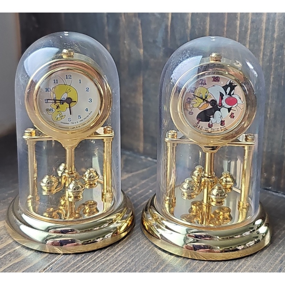 Vintage 1997 Warner Bros Tweety & Sylvester Dome Clocks Rare Pair Working